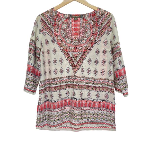 TOMMY BAHAMA Silk Blend Boho Kaftan Tunic 3/4 Sleeve Pink Geometic Hippie Sz S - Picture 1 of 9